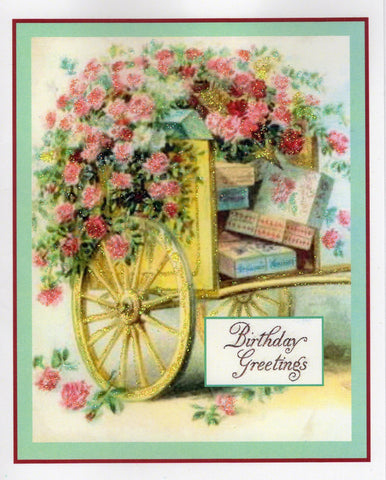 Cart of Roses Birthday Greeting Glitter Card