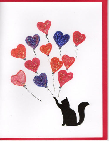 Cat Reaching for Heart Balloons Glitter Card