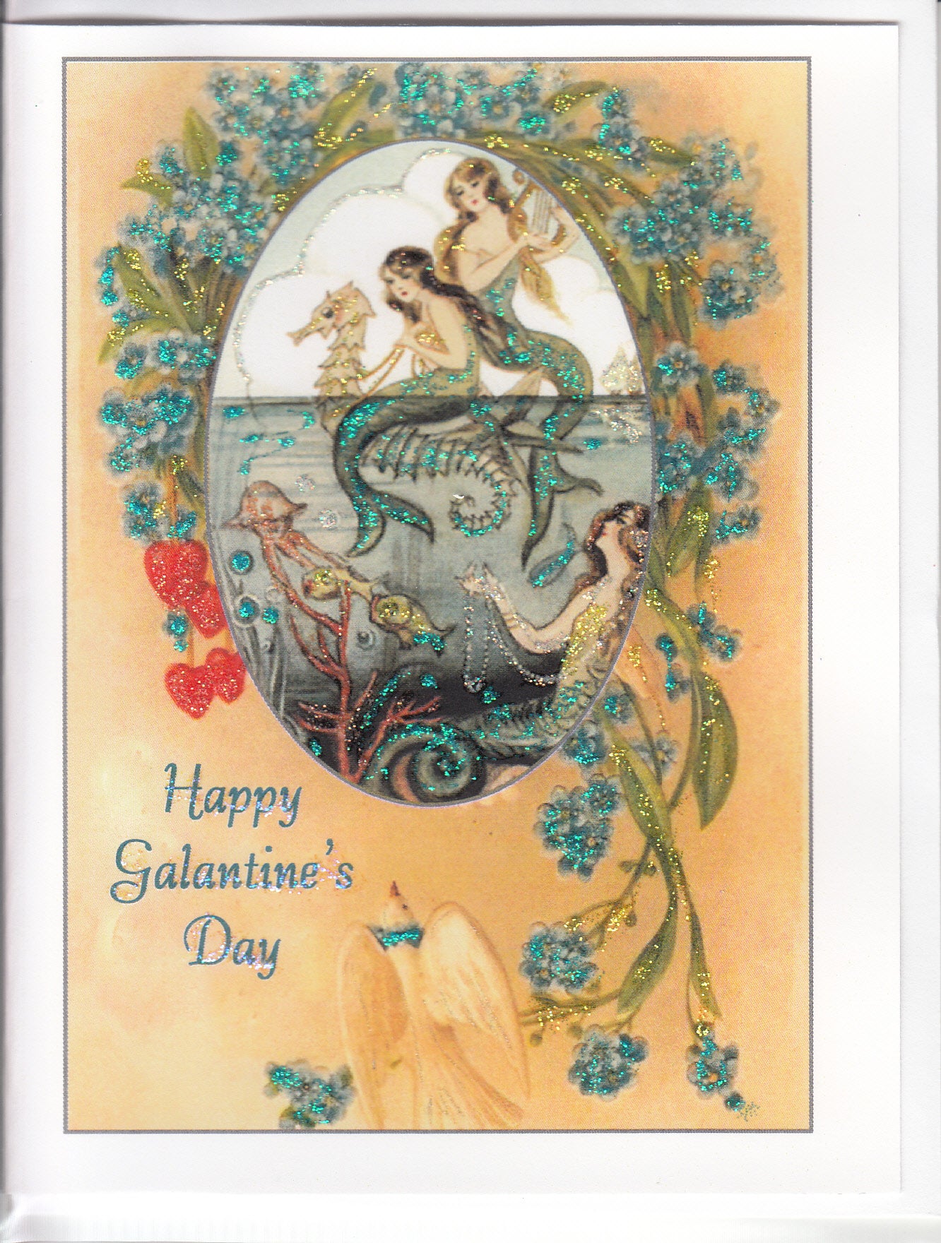 Happy Galentine's Day ~ Mermaids with Seahorse Glitter Card