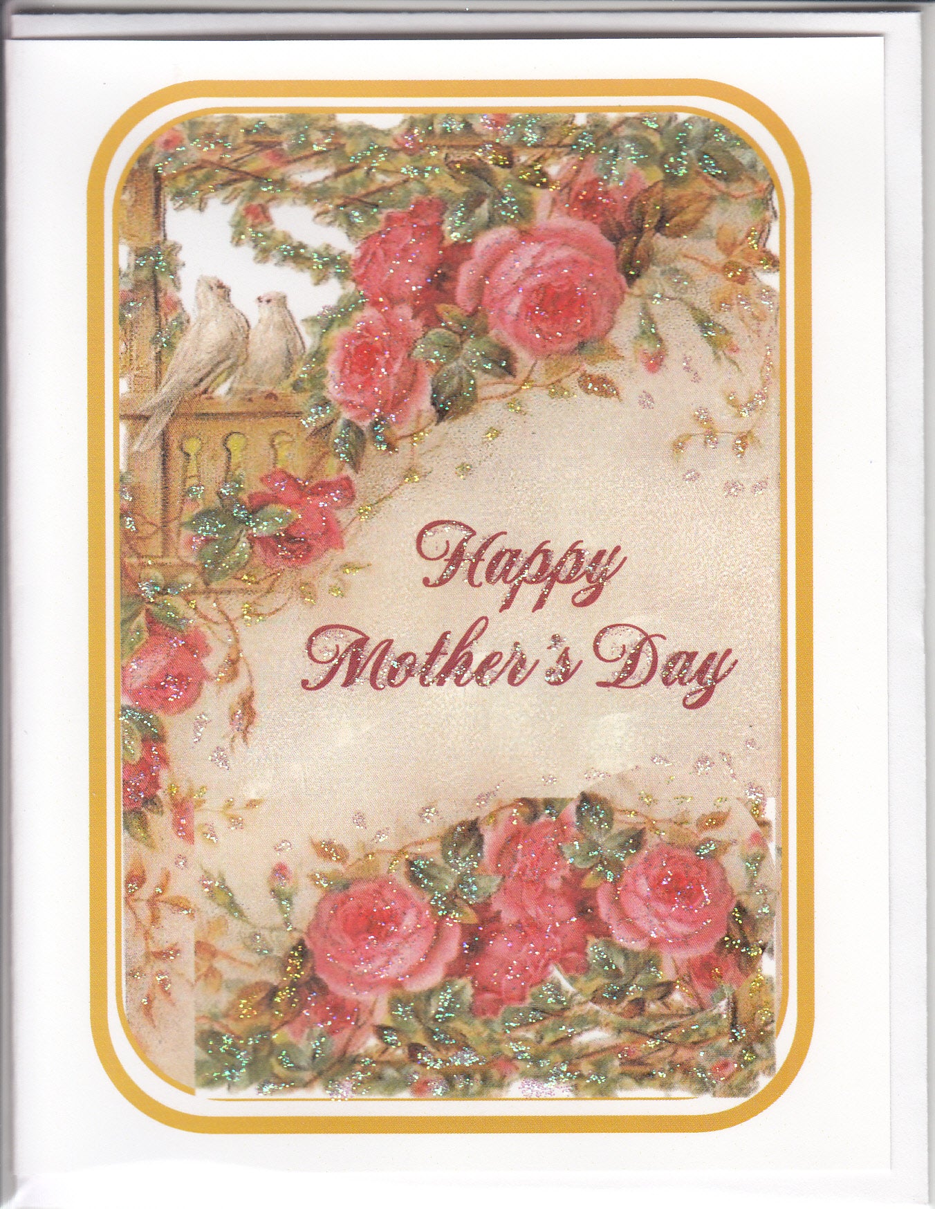 Happy Mother's Day ~ Pink Rose Trellis & Doves Glitter Card