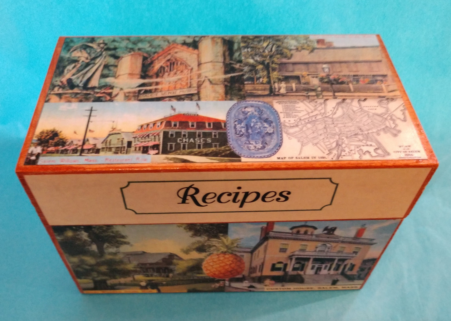 Historic Salem Recipe Box-wood & paper : 6.5 x 4.5"