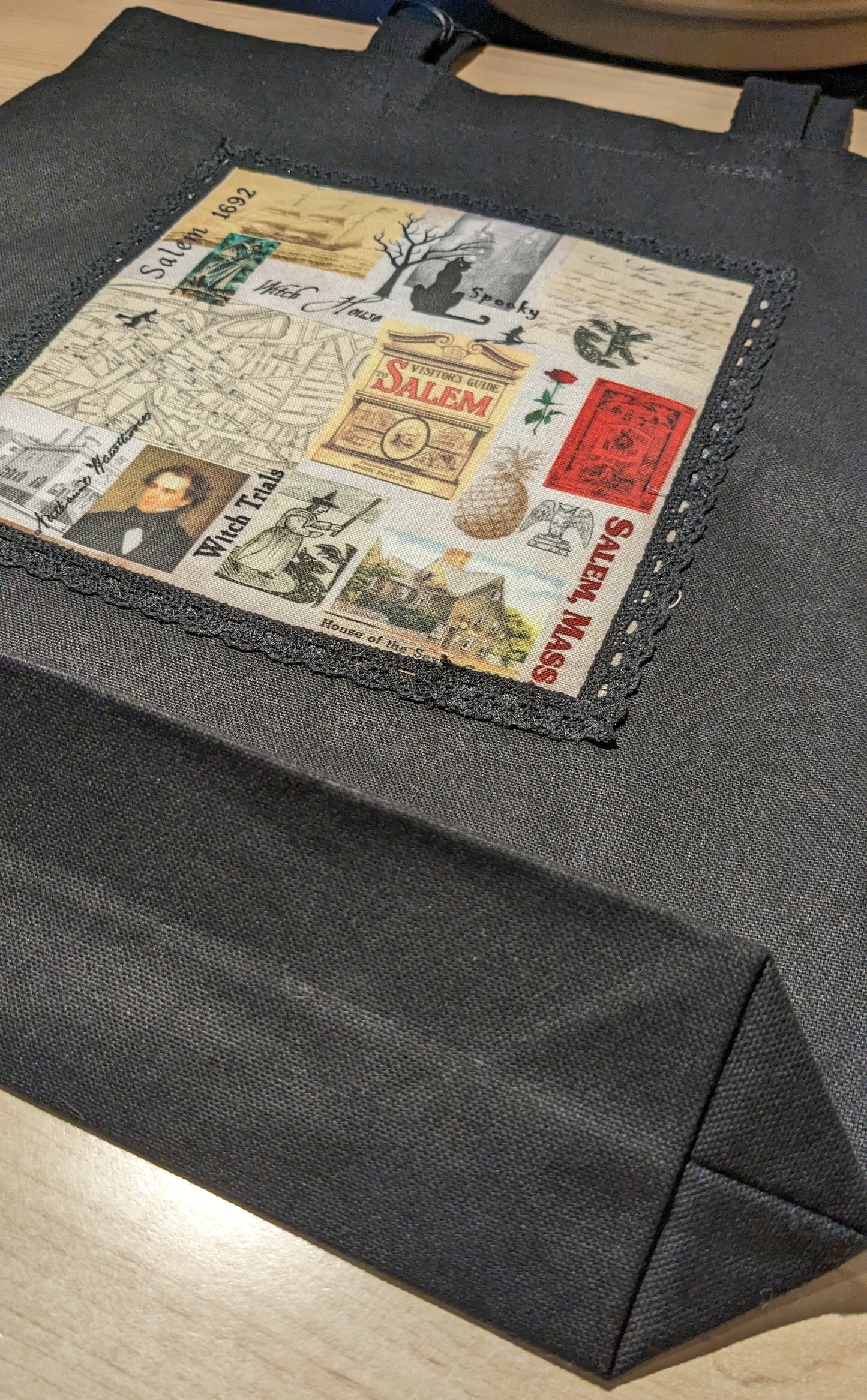 SALEM COLLAGE BLACK CANVAS TOTE BAG