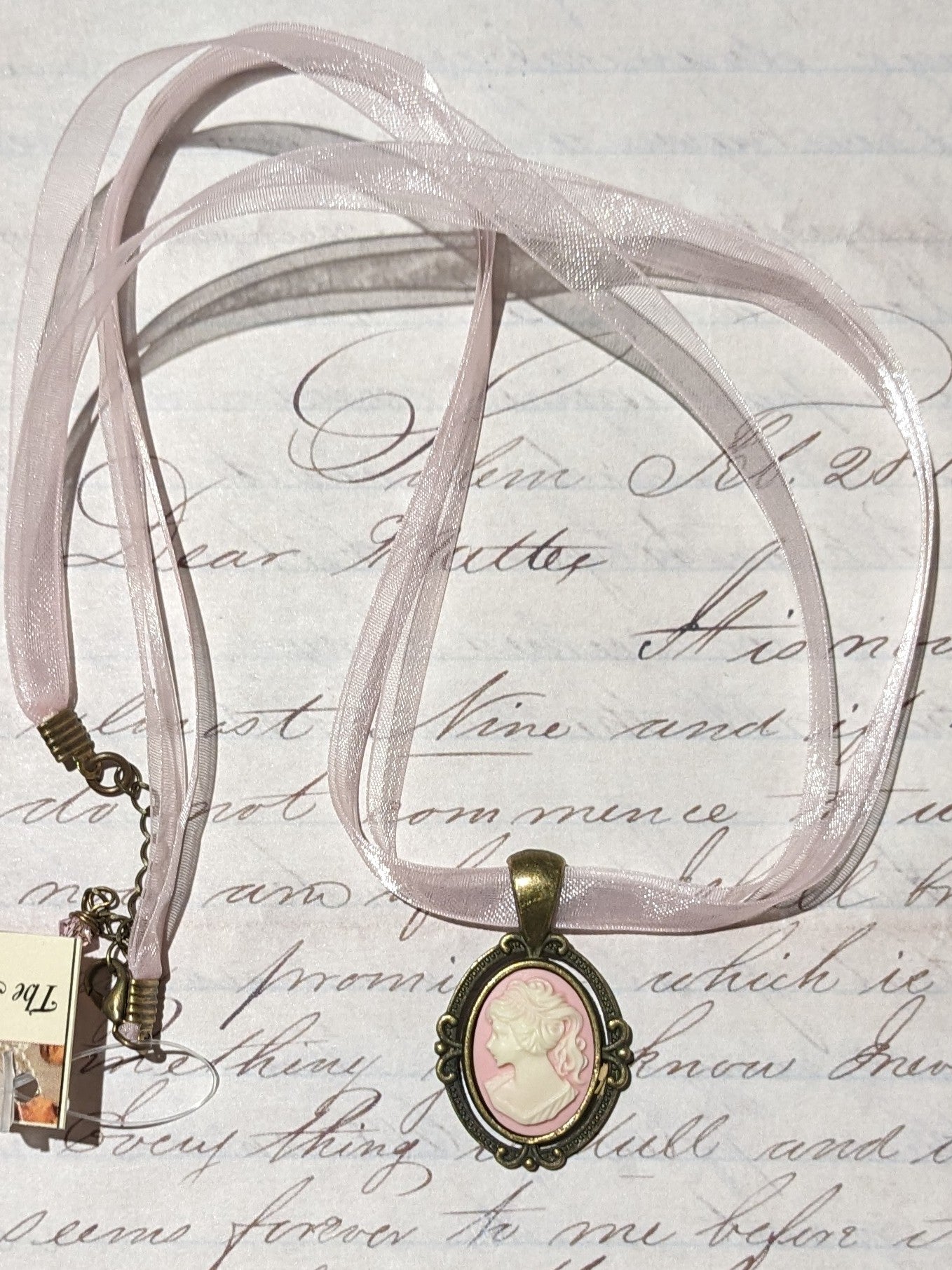 Antique Brass Cameo Ribbon Necklace