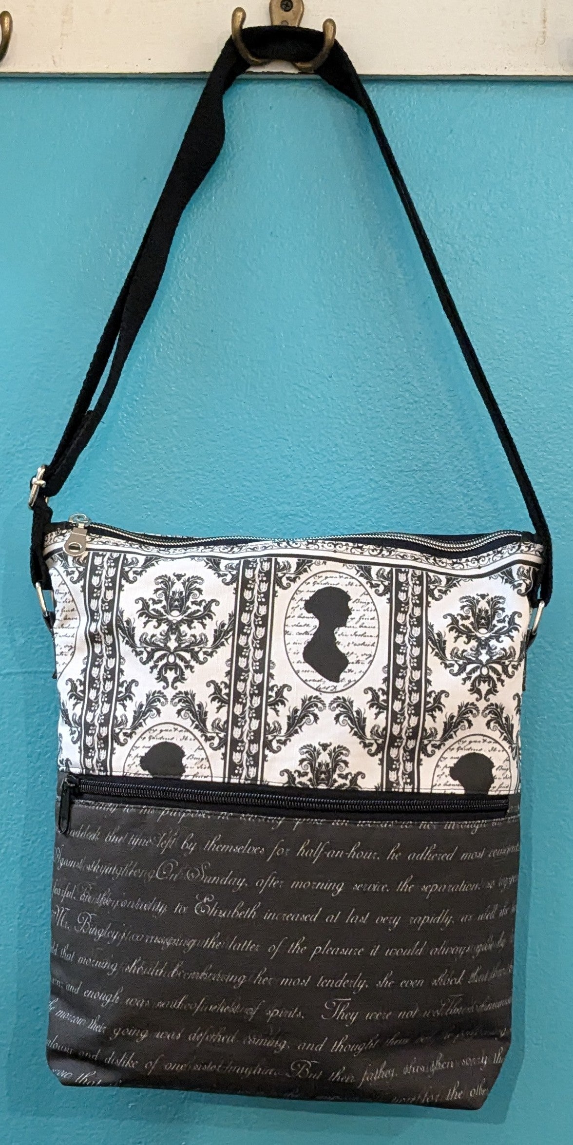 Jane Austen Black & White Crossbody Purse ~ 10.5x12"