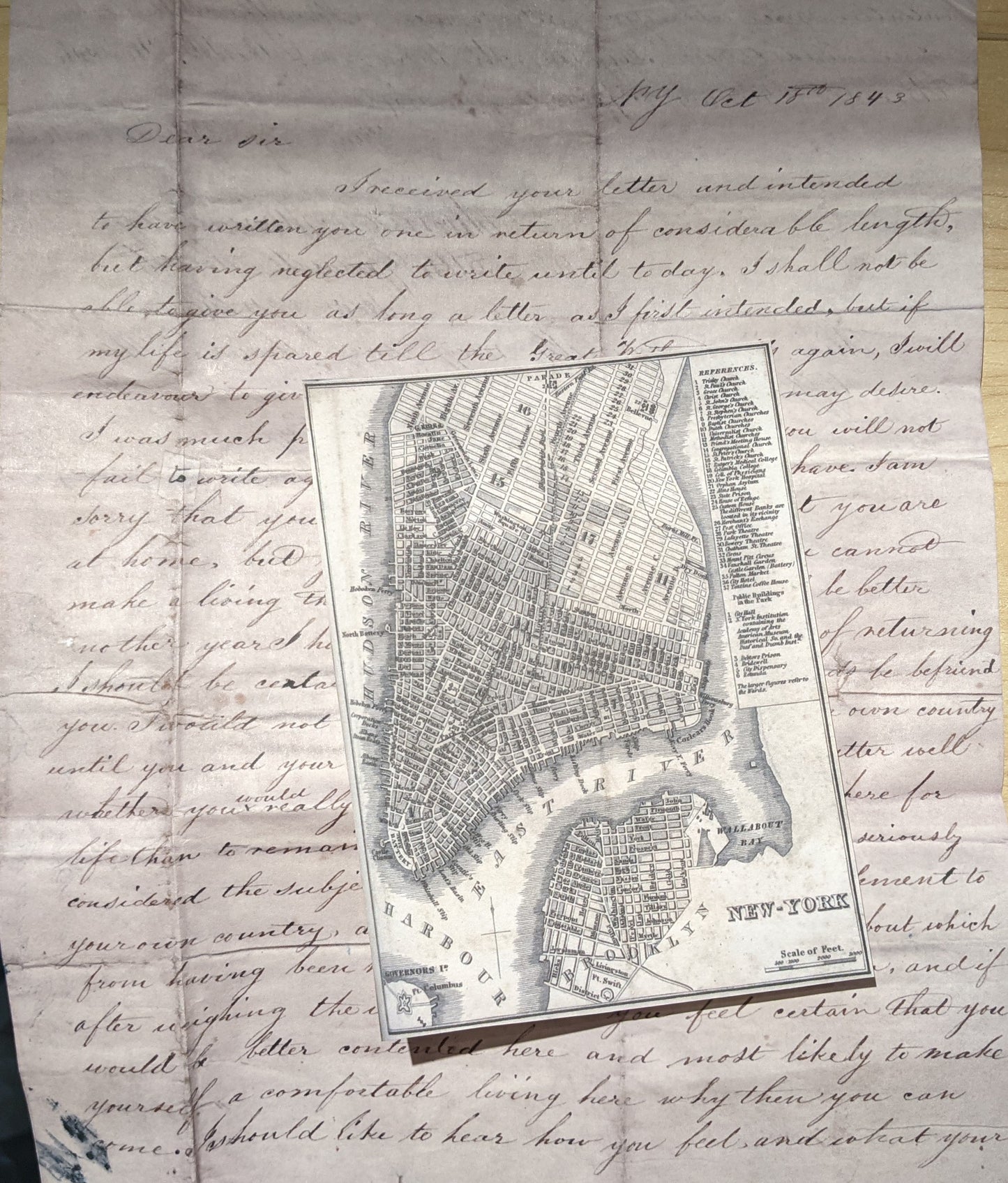 Dear Sir...Coming to America 1843 Letter ~ Reproduction of 1 Letter & Mini Map of New York Card