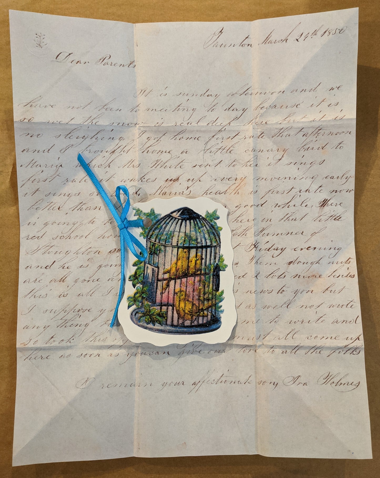 Dear Parents...Taunton Letter 1850 ~ Reproduction of 1 Letter & Bird Cage Glitter Card