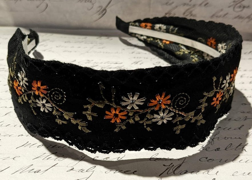 Black Boho Embroidered Headband-black : "suede"