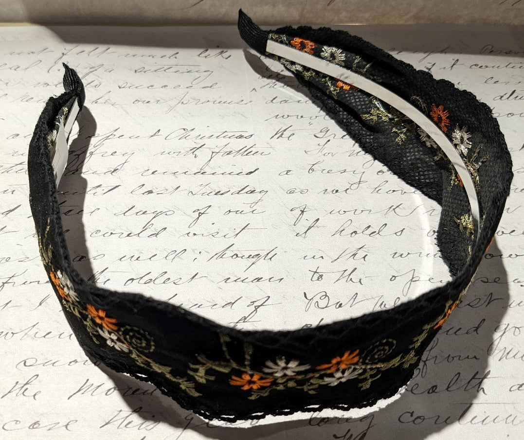 Black Boho Embroidered Headband-black : "suede"