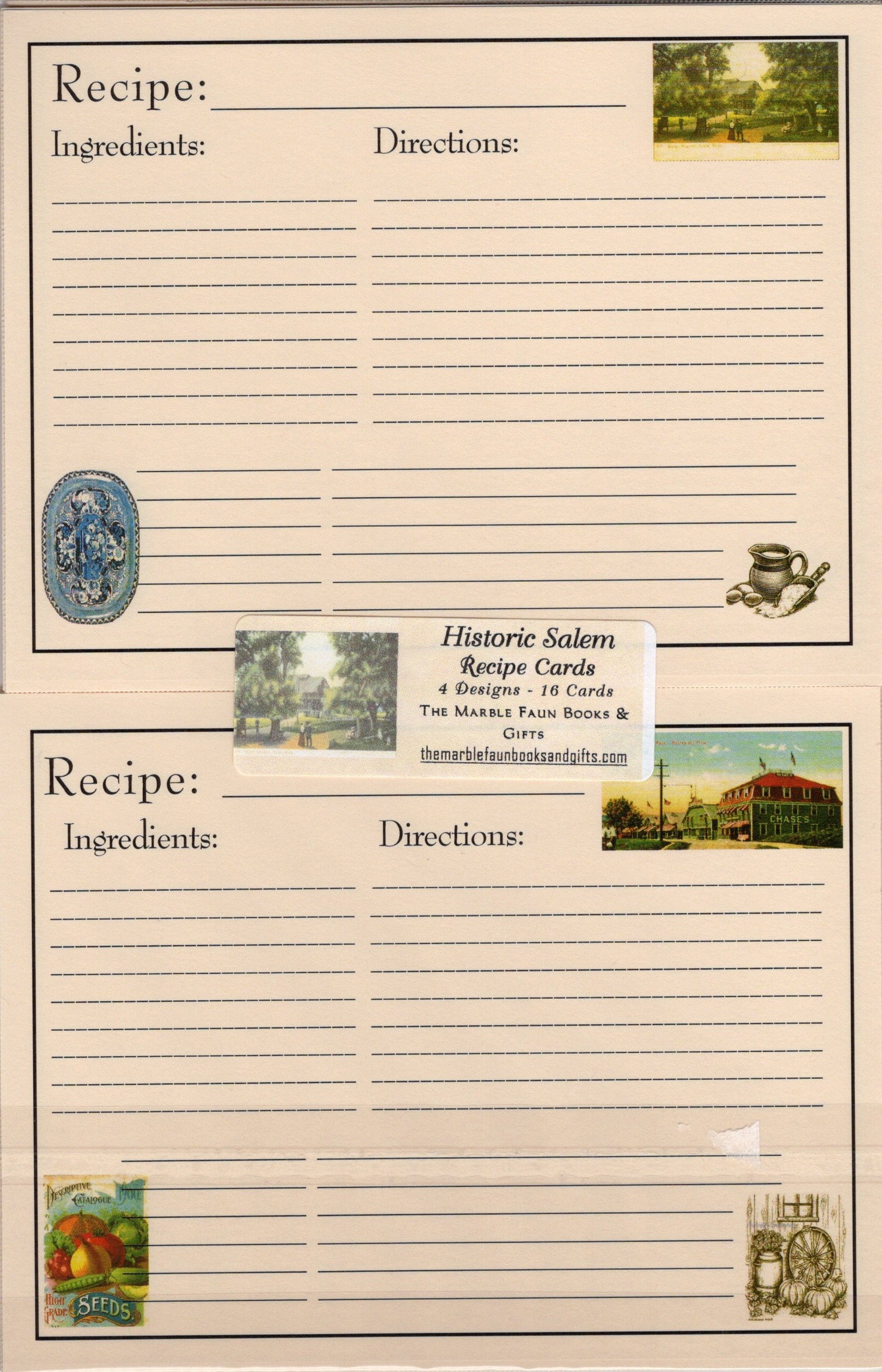 Recipe Cards Pack ~ Historic Salem-16 cards/4d : 4.25 x 5"