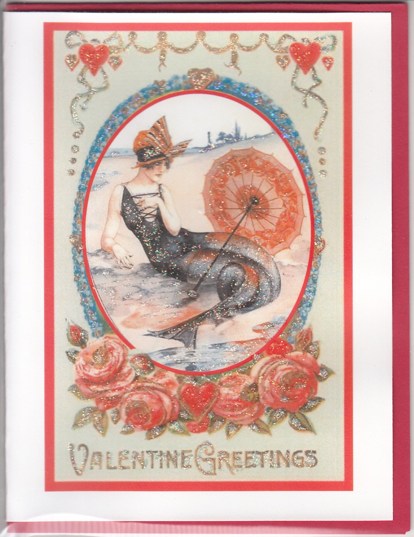 Valentine Greetings ~ 1920s Mermaid on Beach Glitter Card