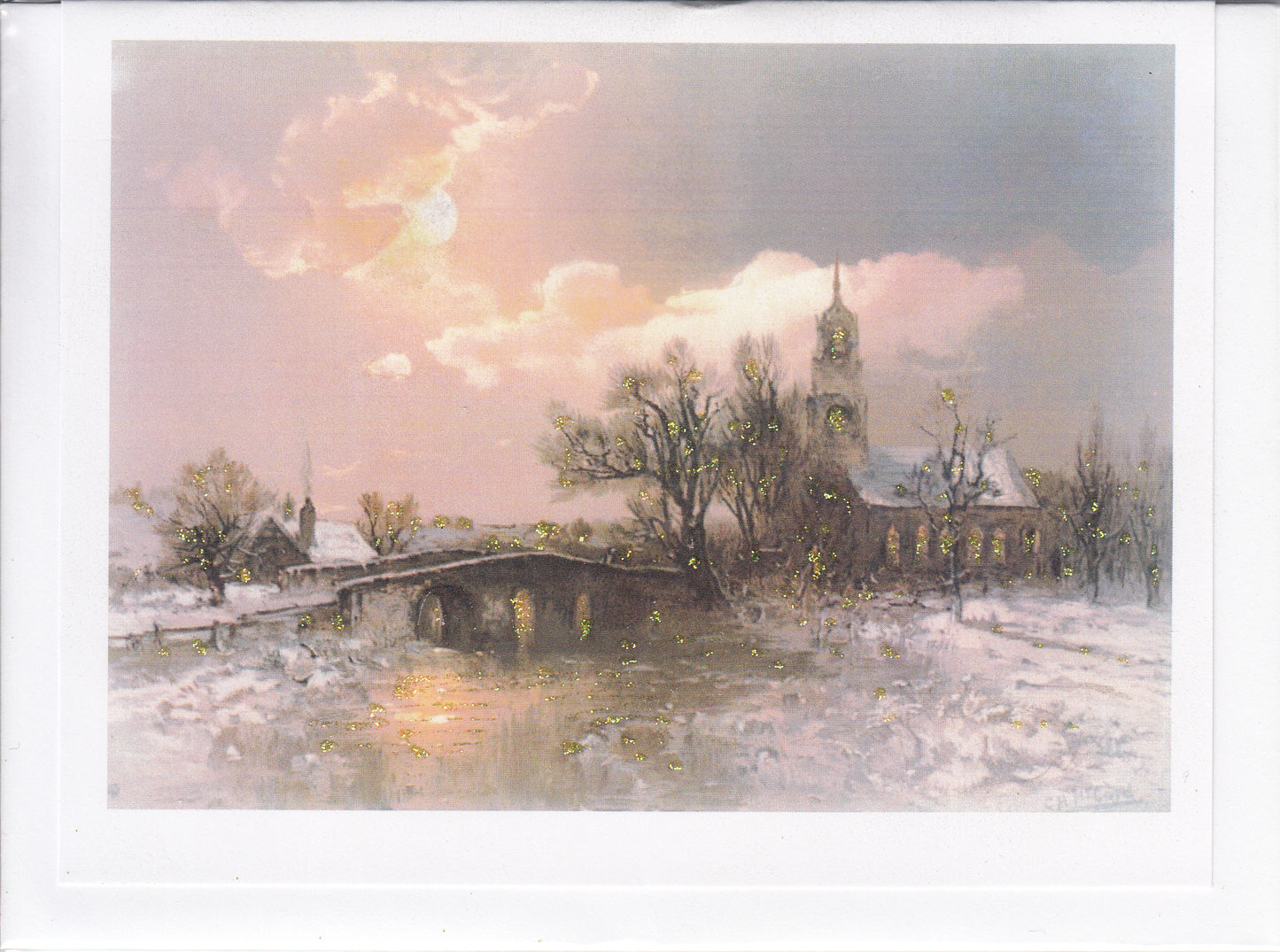 Winter Moon Over Church Glitter Card