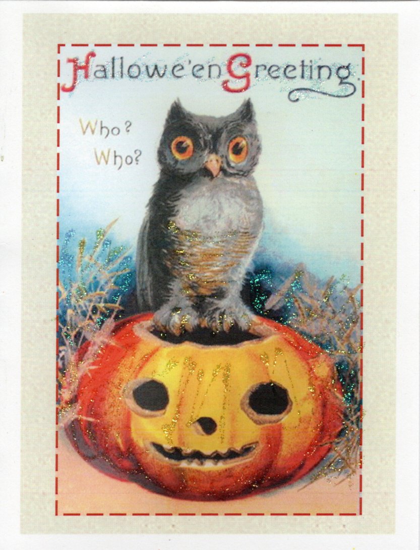 Hallowe'en Greetings Who? Who? Glitter Card