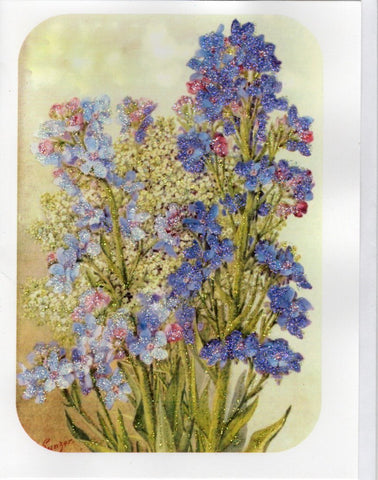 Indigo Floral Bouquet Glitter Card : blank note