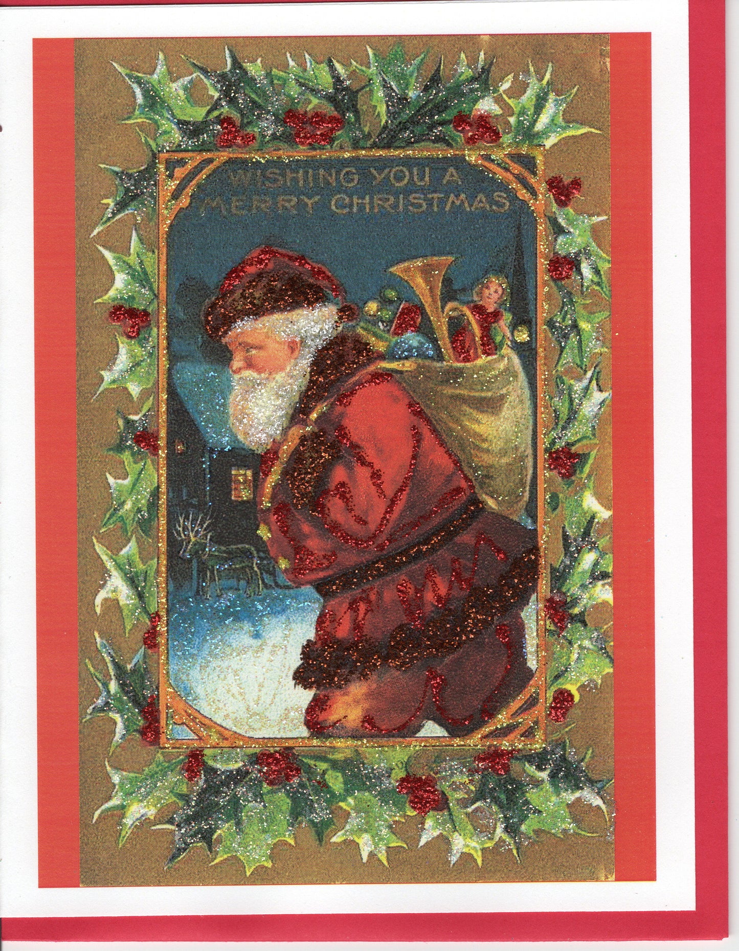 Wishing You Merry Christmas ~ Santa in Holly Glitter Card