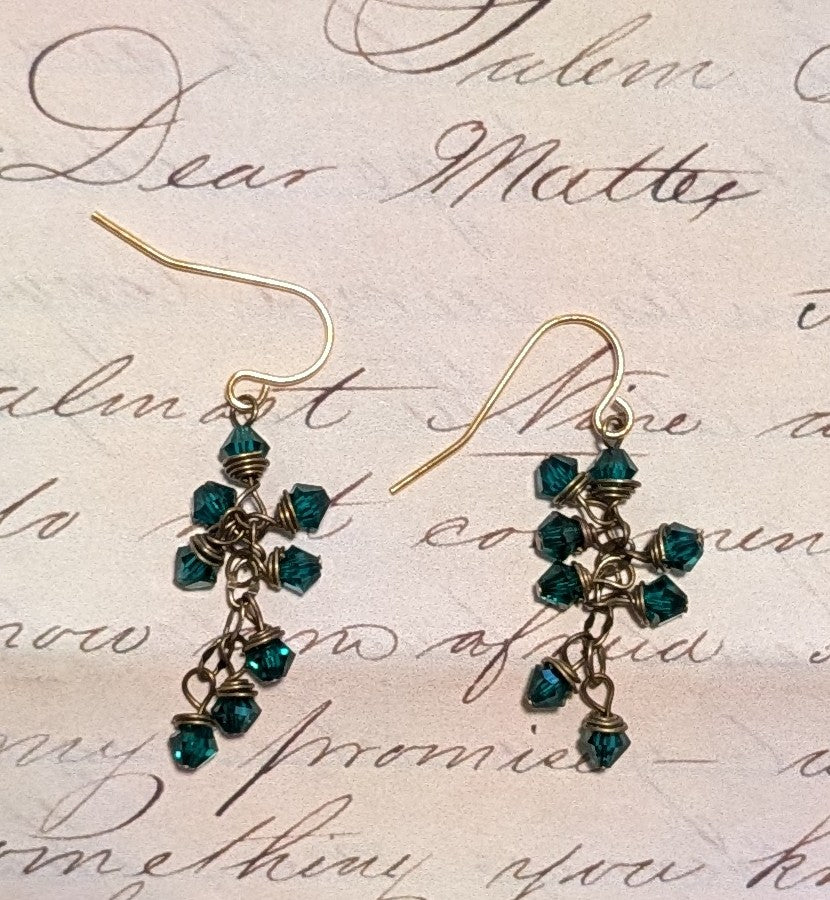 Emerald & Brass Cluster Drop Earrings