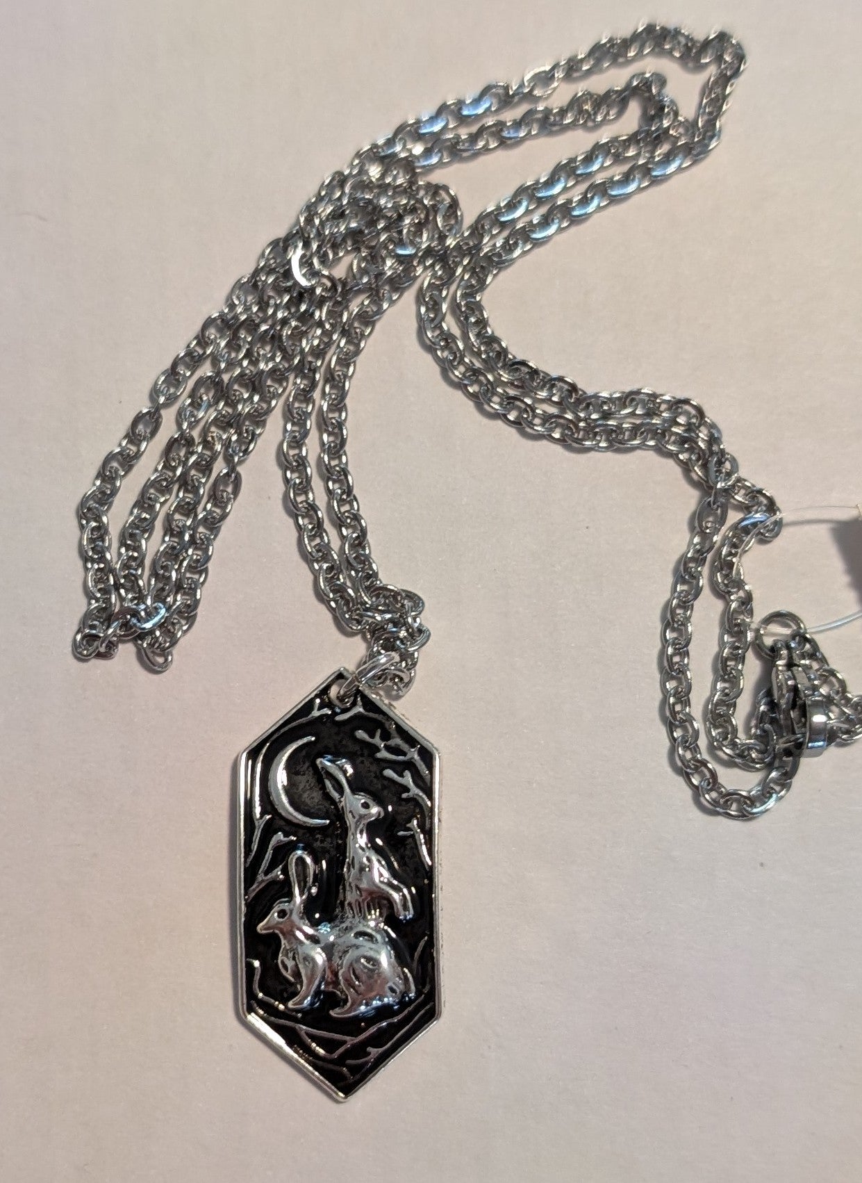 Two Rabbits Under Crescent Moon Pendant Necklace