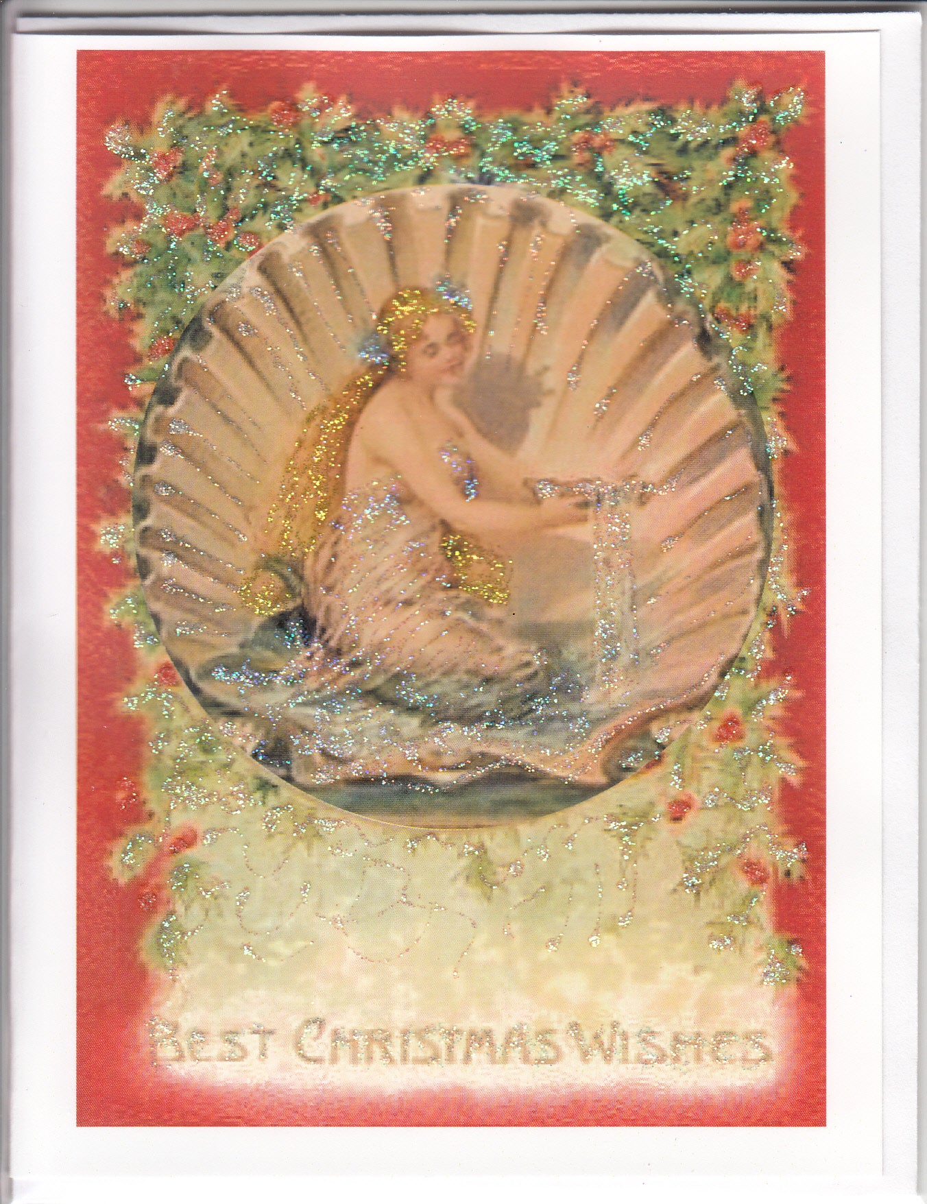 Mermaid in Sea Shell Best Christmas Wishes Glitter Card