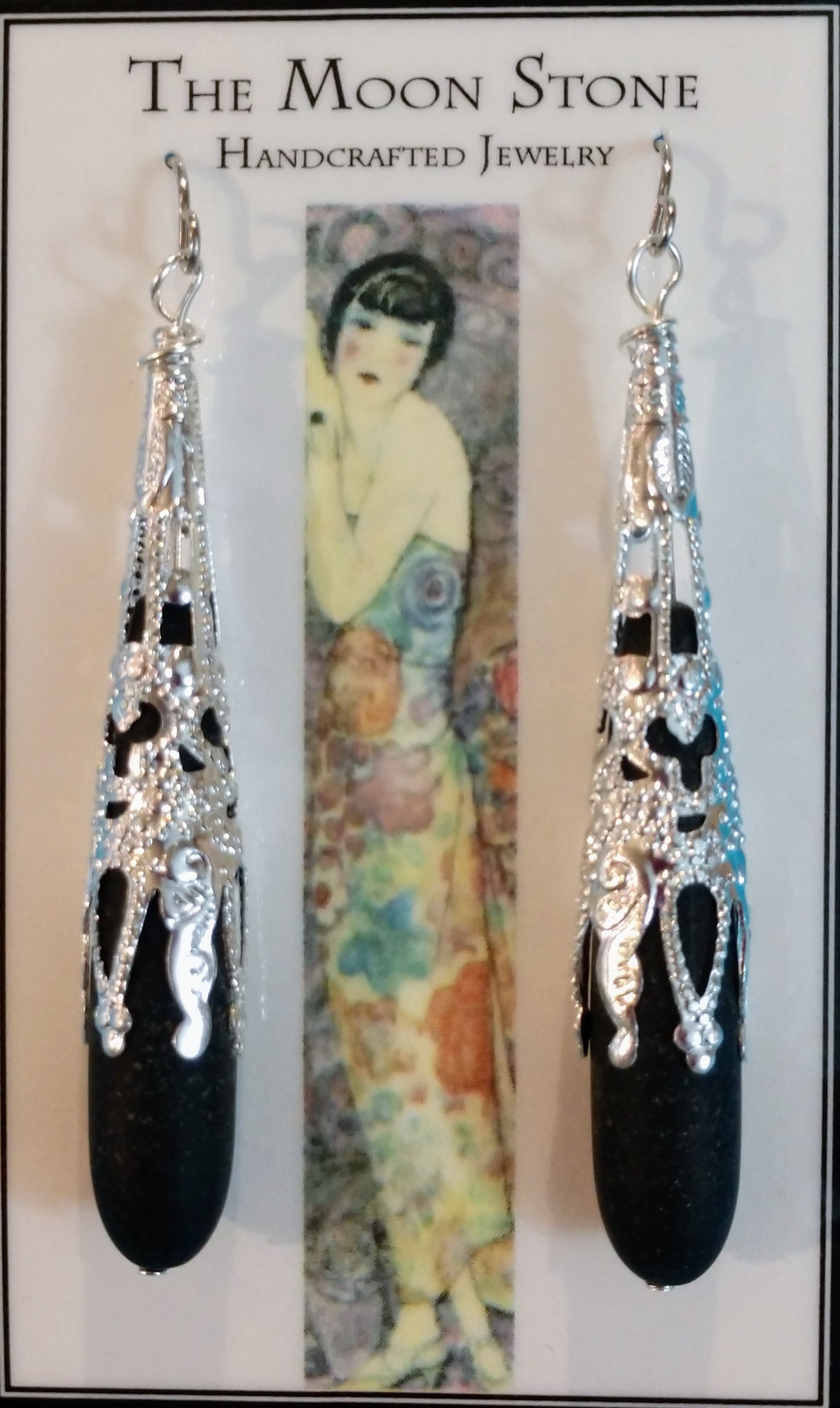 1920s Sea Glass Drop Earrings ~ Jet Black