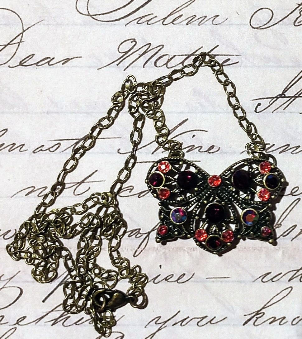 Victorian Crystal Butterfly Brass Pendant Necklace