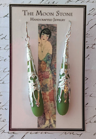 1920s Sea Glass Drop Earrings ~ Opaque Sea Green