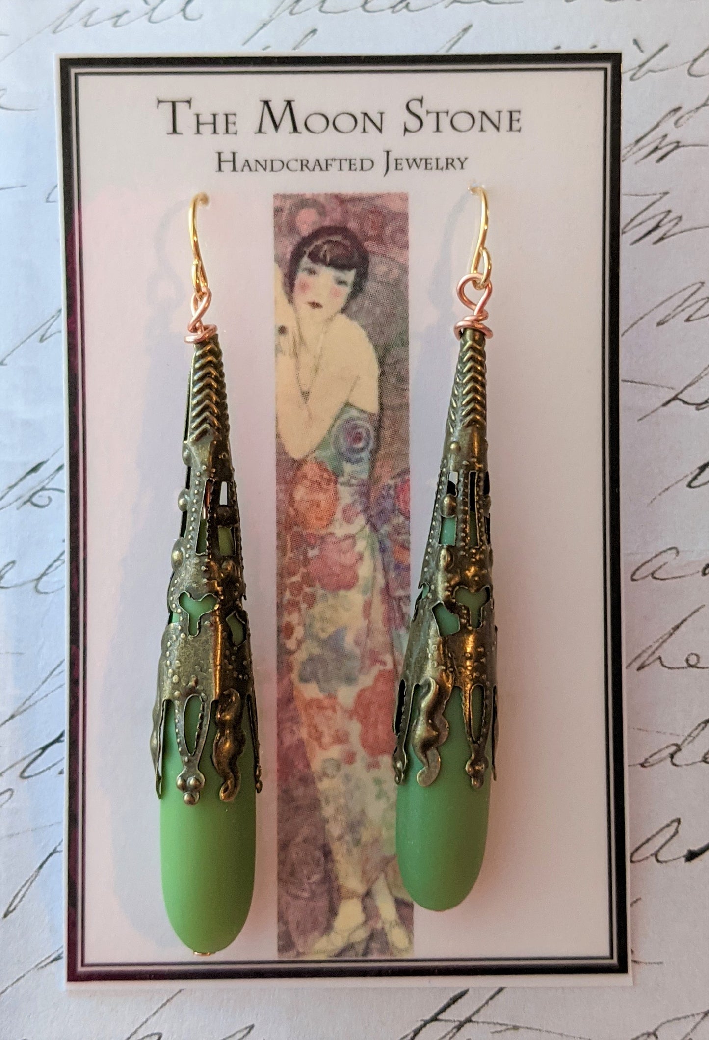 1920s Sea Glass Drop Earrings ~ Opaque Sea Green