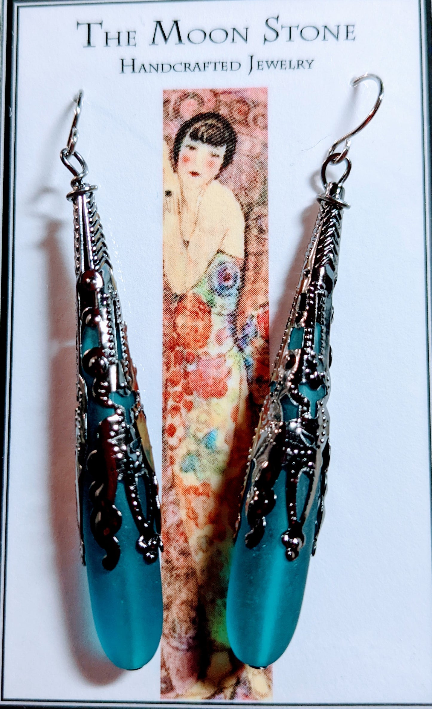1920s Sea Glass Drop Earrings ~ Teal