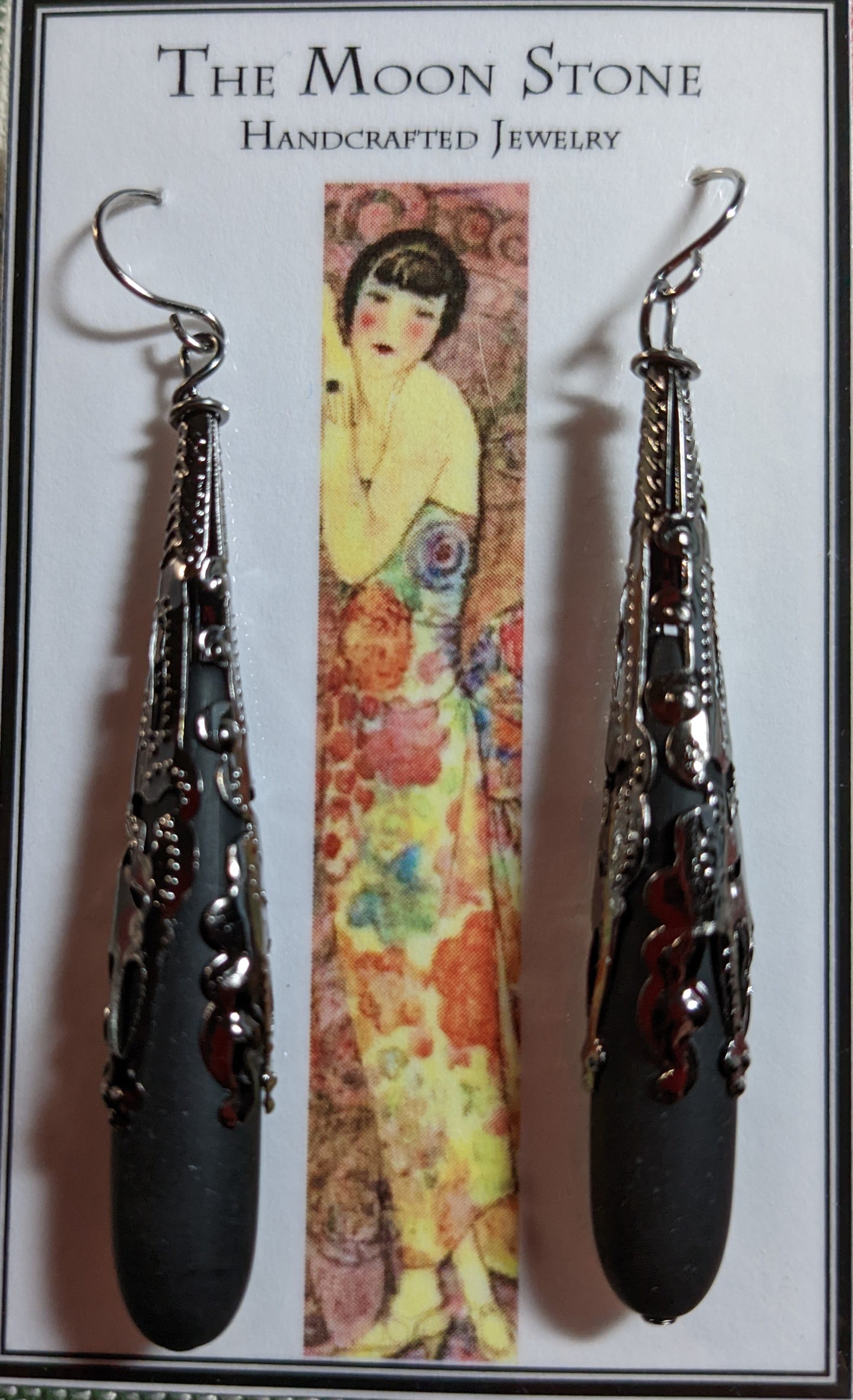 1920s Sea Glass Drop Earrings ~ Jet Black