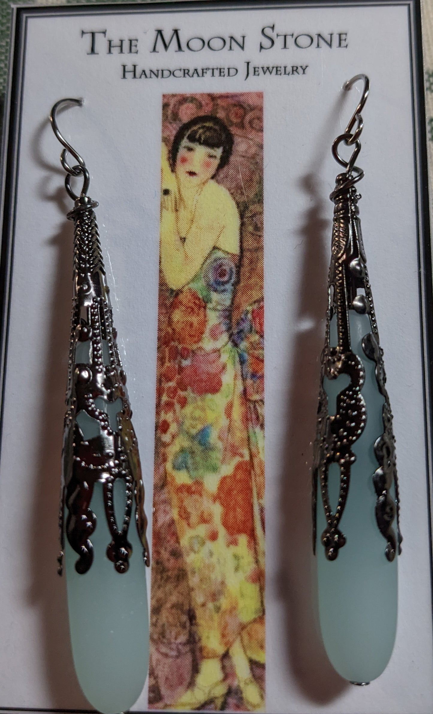 1920s Sea Glass Drop Earrings ~ Light Aqua