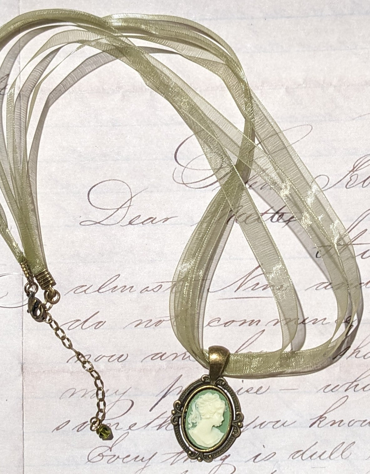 Antique Brass Cameo Ribbon Necklace