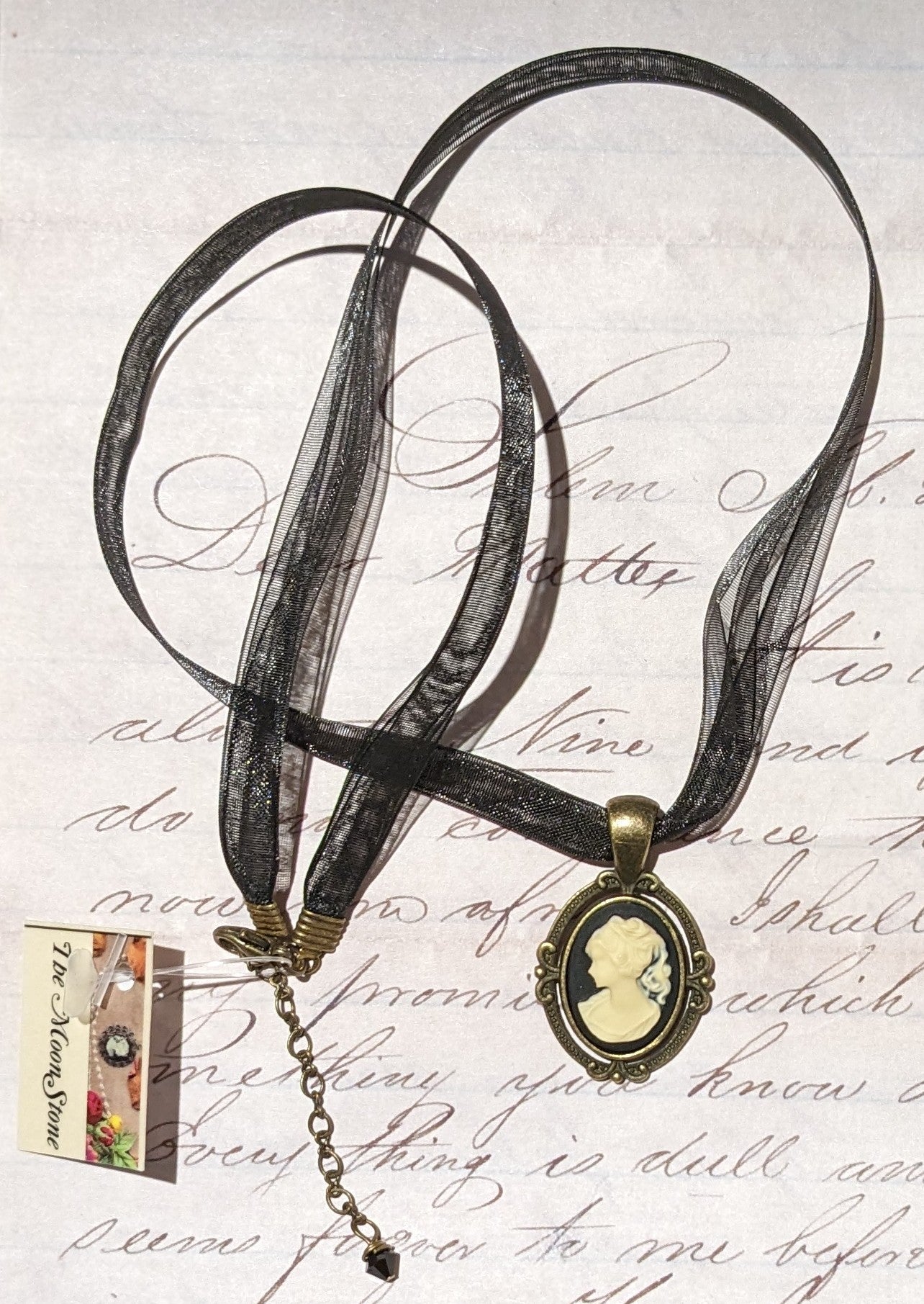 Antique Brass Cameo Ribbon Necklace