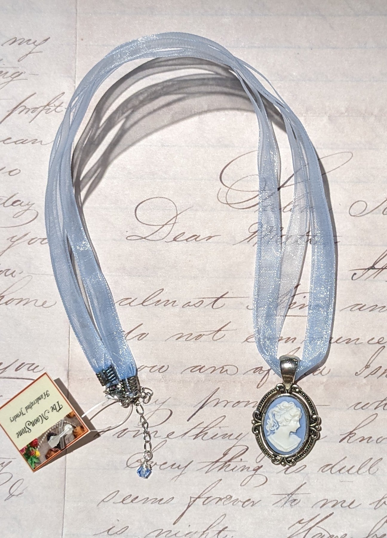 Antique Silver Cameo Ribbon Necklace