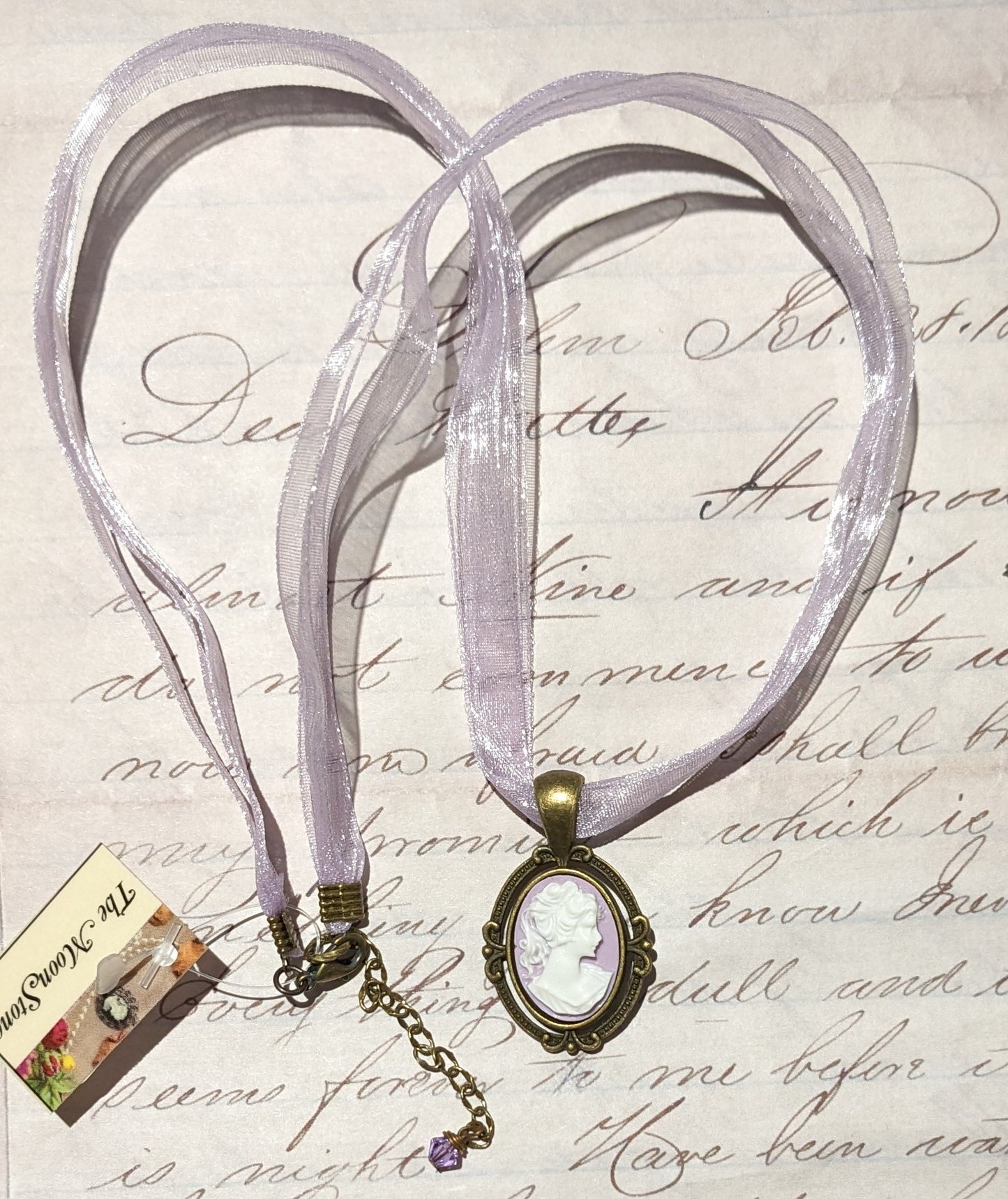 Antique Brass Cameo Ribbon Necklace
