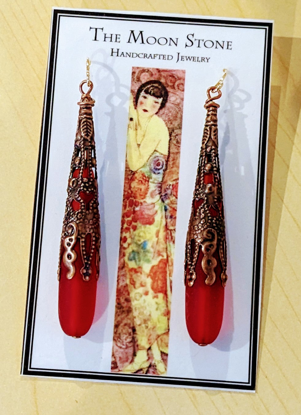 1920s Sea Glass Drop Earrings ~ Red