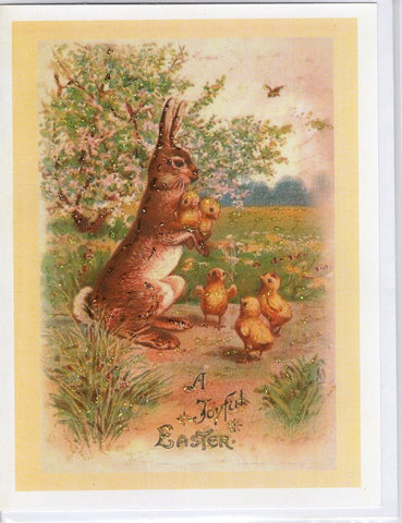 A Joyful Easter ~ Brown Rabbit & Chicks Glitter Card