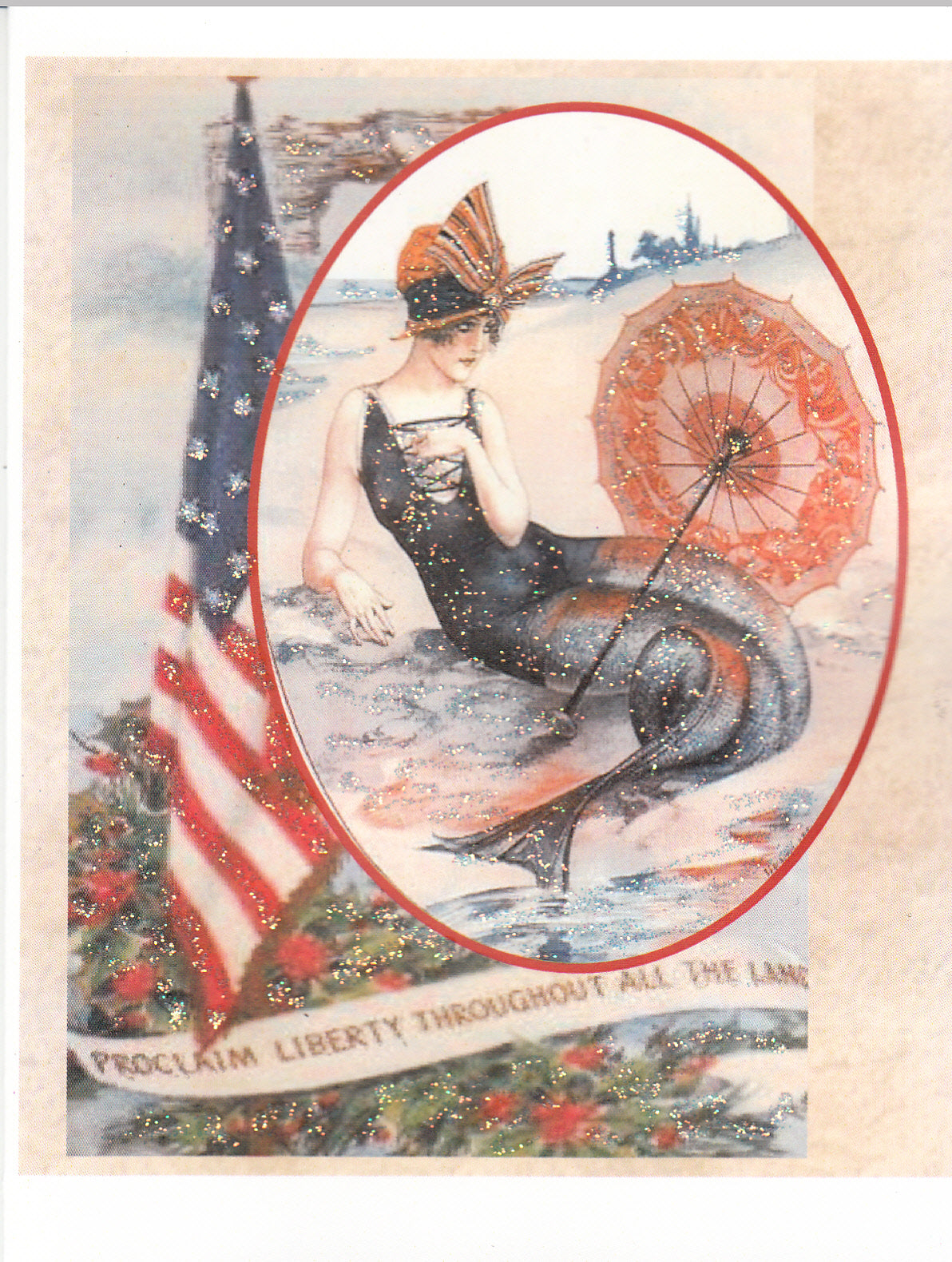 1920s Liberty Mermaid ~ Patriotic 4th of July Glitter Card