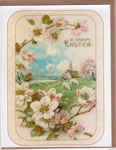 A Happy Easter Blossoms, Church Pastoral Scene Glitter Card