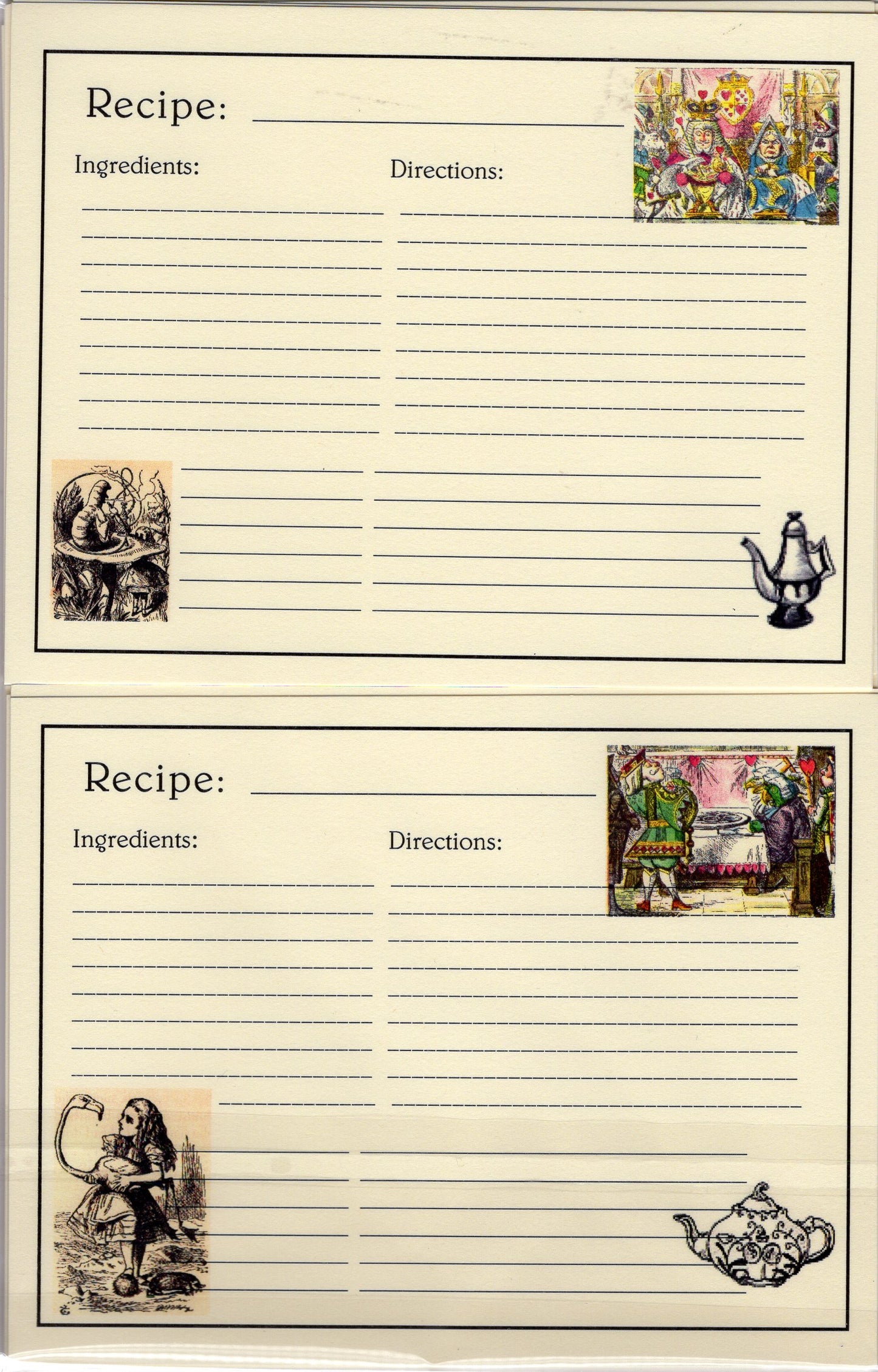Recipe Cards Package Alice in Wonderland - 16 cards : 4.25 x 5