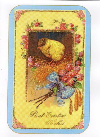 Best Easter Wishes ~  Chick in Nest & Roses Glitter Card