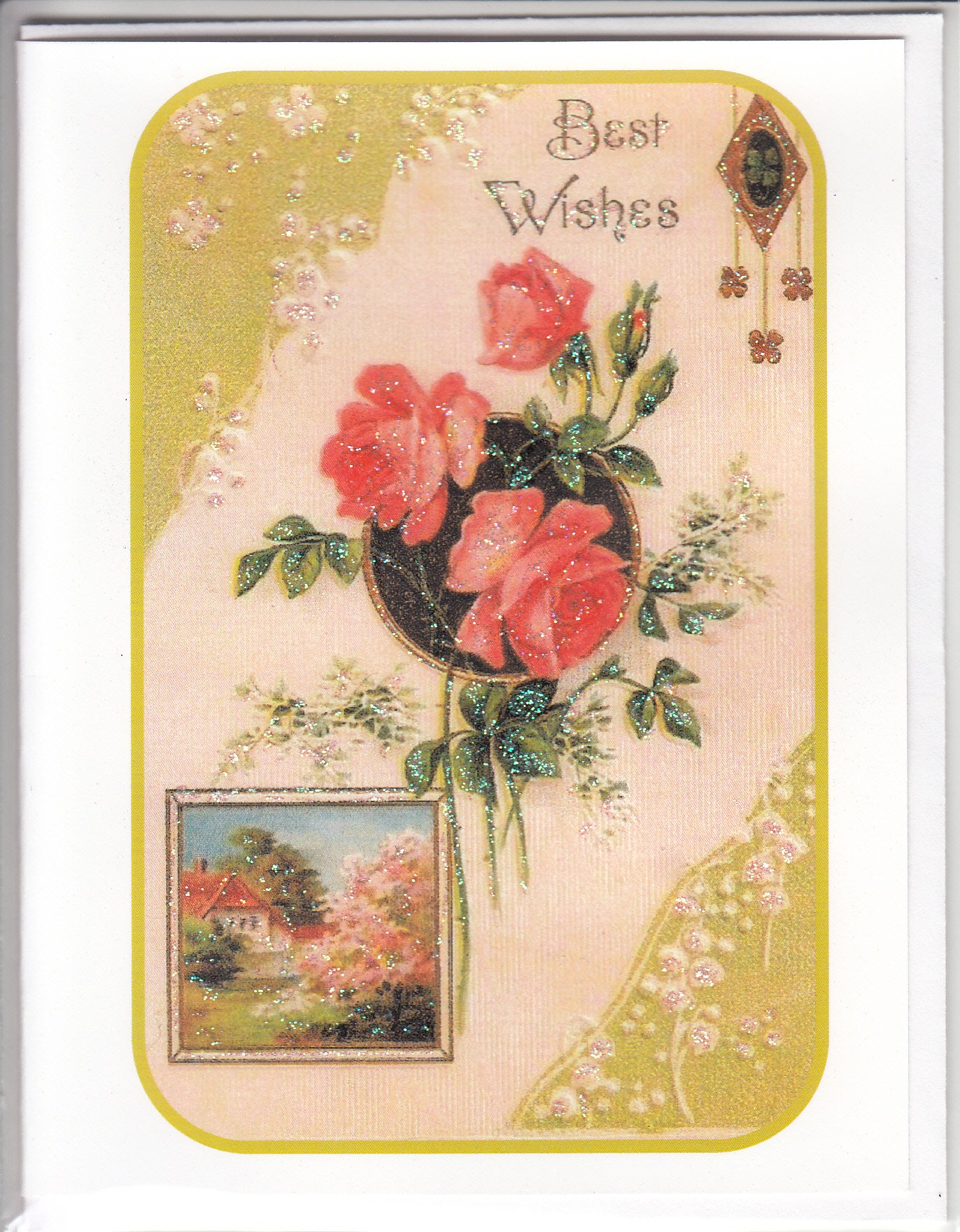 Best Wishes ~ Pink Roses Bouquet Glitter Card
