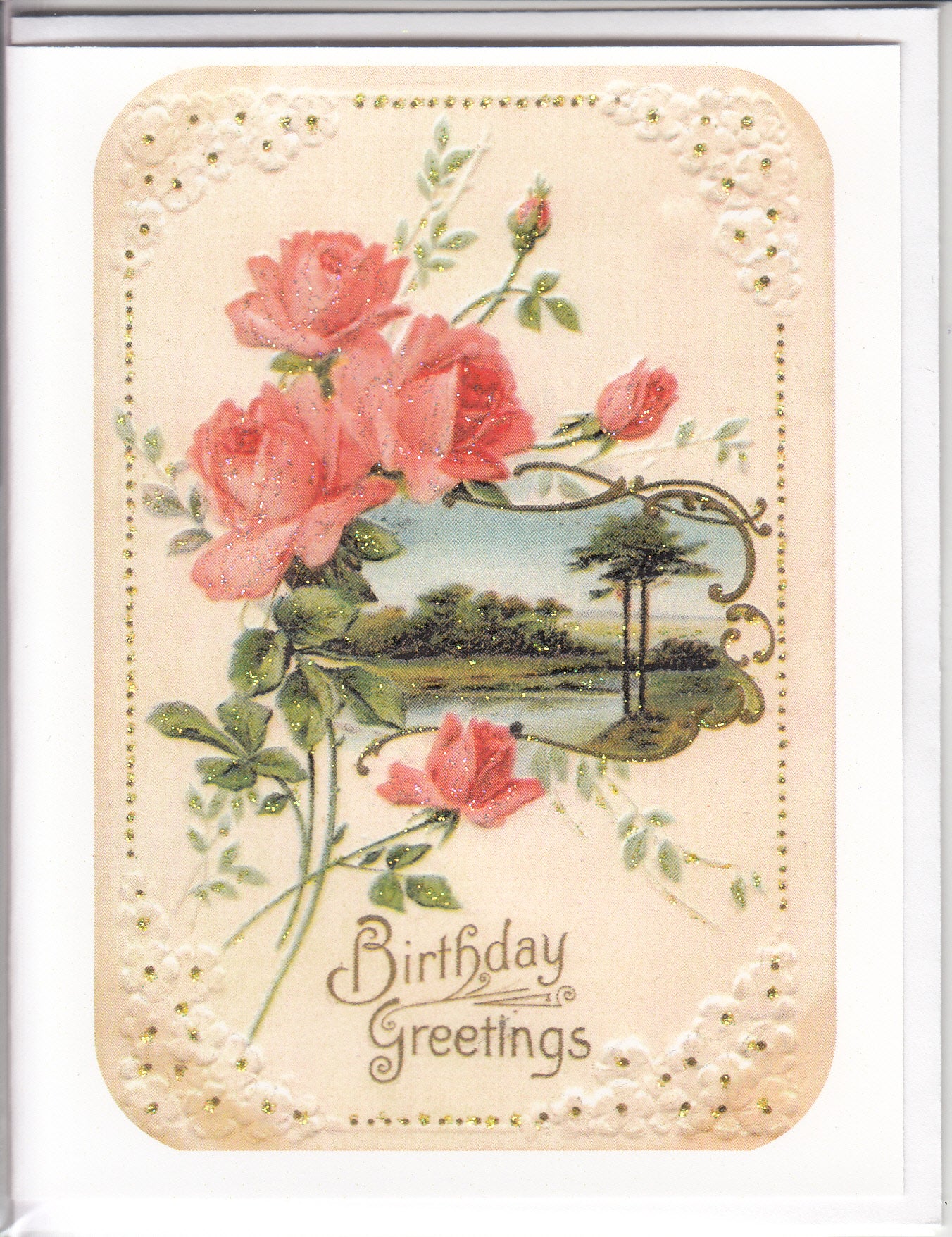 Birthday Greetings ~ Pink Roses Bouquet & Pastoral Scene