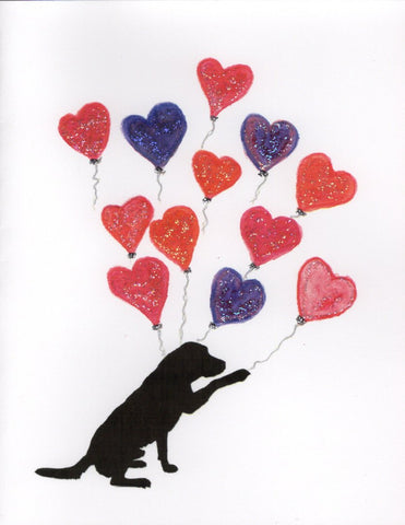 Dog Reaching for Heart Balloons Glitter Card