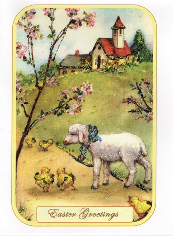 Easter Greetings ~ Lamb & Chicks Pastoral Glitter Card