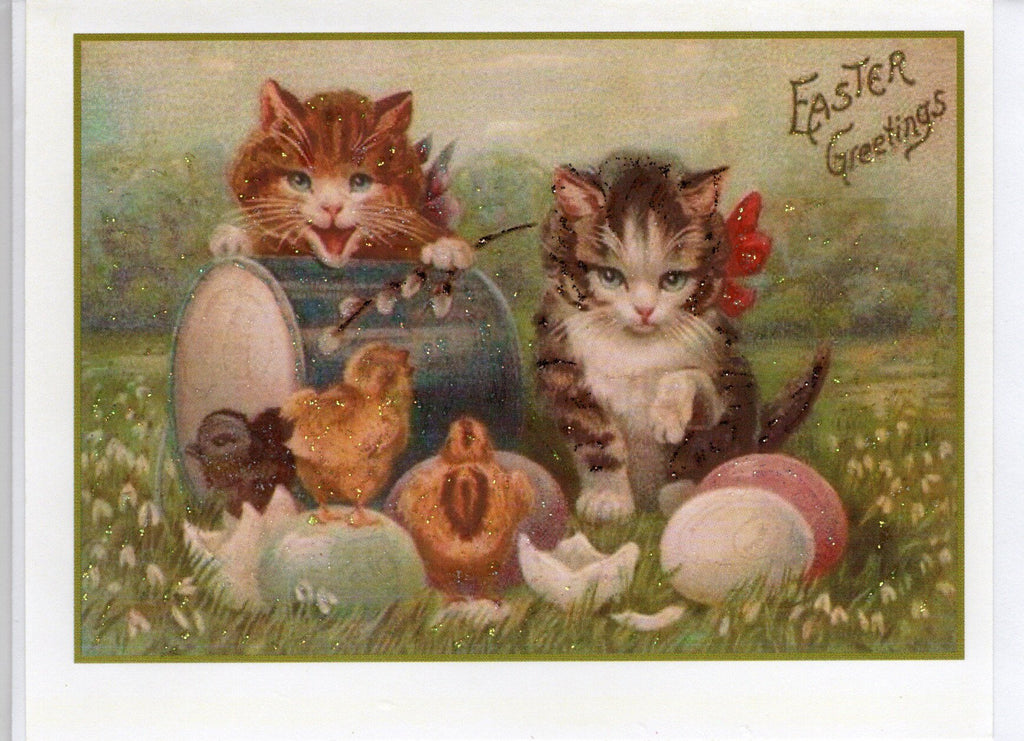 Easter Greetings ~ Kittens & Hatching Chicks Glitter Card