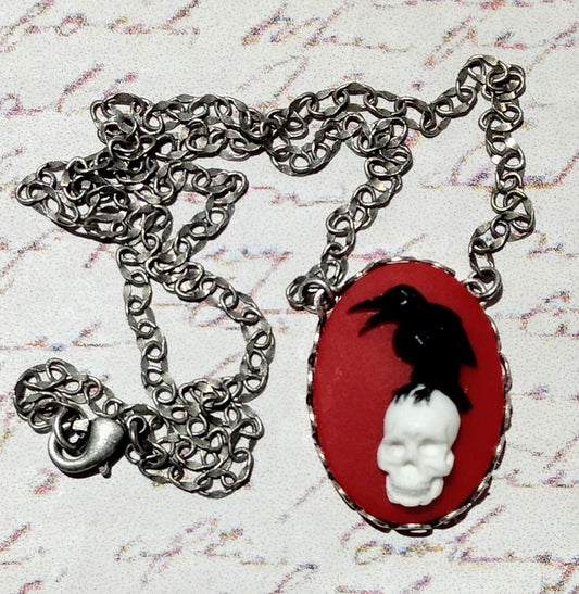 Raven on Skull in Crimson Cameo Necklace - Silver-plated