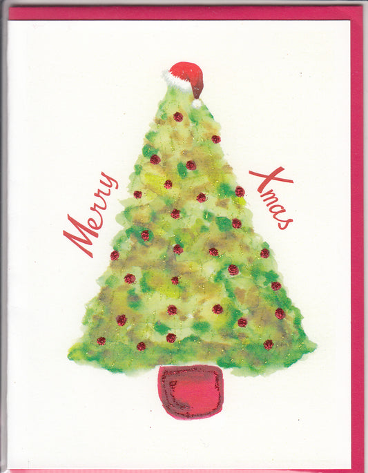 Merry X-Mas Tree with Santa Hat Watercolor Glitter Card