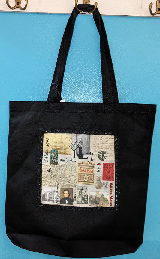 SALEM COLLAGE BLACK CANVAS TOTE BAG