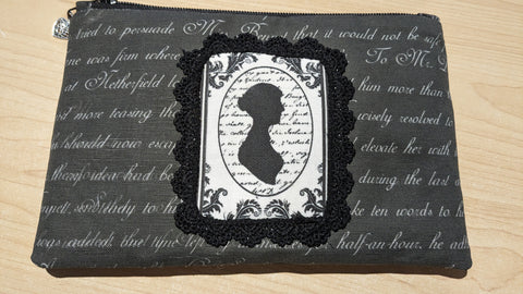 Jane Austen Silhouette Black & White Pencil Case Bag-lined/zipper : 8.5x5.5"