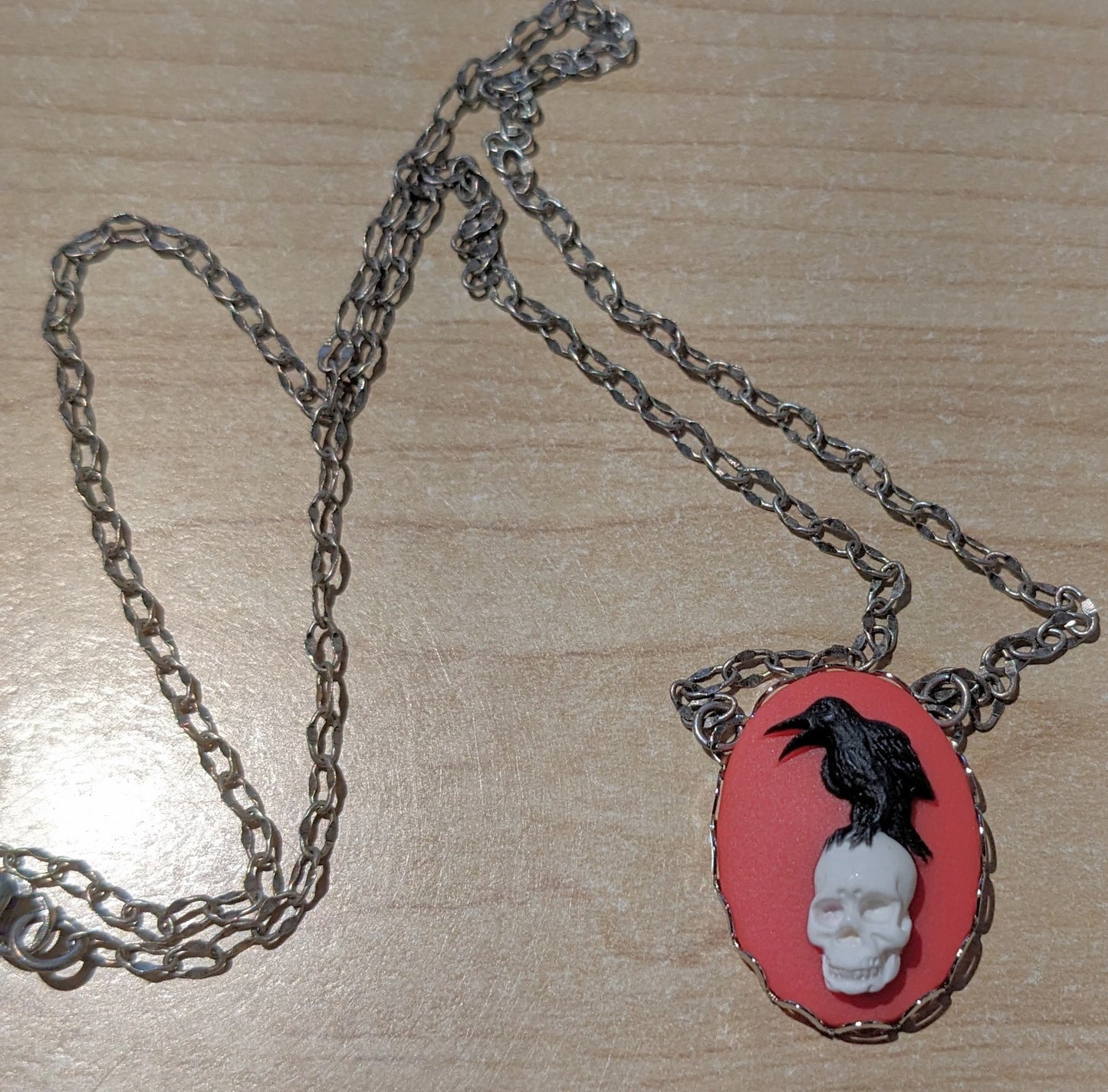 Raven on Skull in Crimson Cameo Necklace - Silver-plated