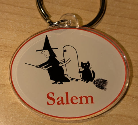 Witch City Keychain: Witch with Ghost and Cat on Broom