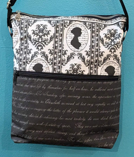 Jane Austen Black & White Crossbody Purse ~ 10.5x12"